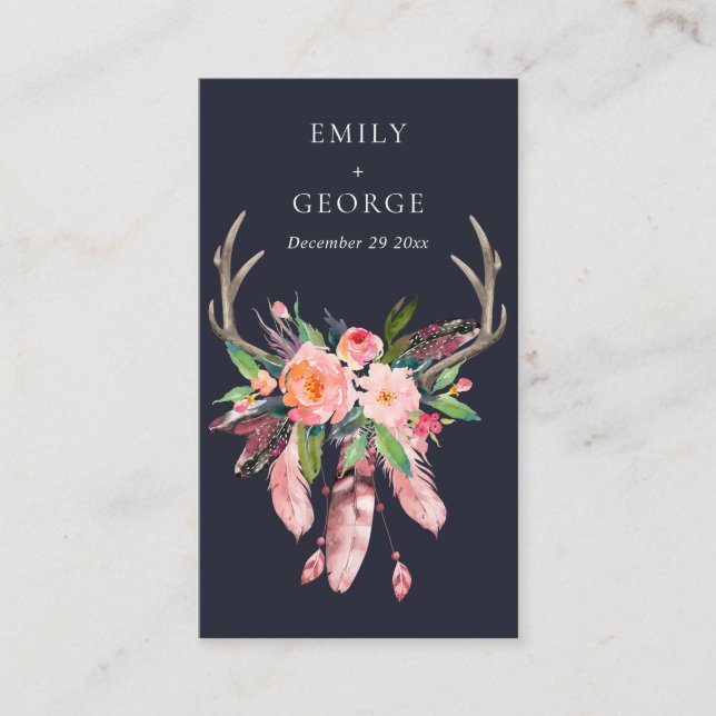 CARTE DE VISITE MARINE BLUSH FLORAL FEATHER ANTLER MARIAGE MERCI (Devant)