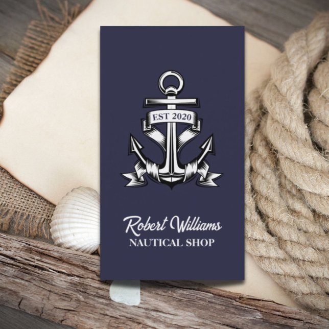 Carte De Visite Marine côtière Blue Yacht Bateau Bateau Ancre naut (Coastal Navy Blue Yacht Boat Ship Anchor Nautical Business Card)