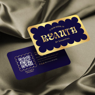 Carte De Visite Marine & Gold Elegant QR Code Lashes Beauté Salon