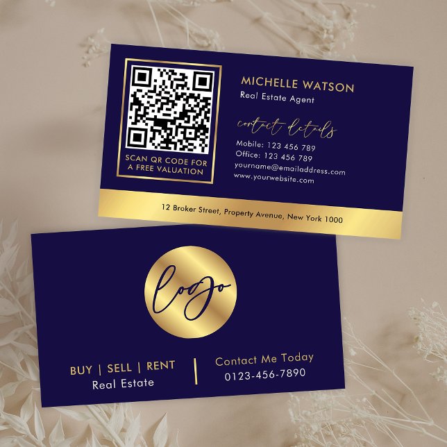 Carte De Visite Marine & Gold Logo Moderne Immobilier Code QR (Elegant navy blue and gold business cards with space for your logo and QR code)