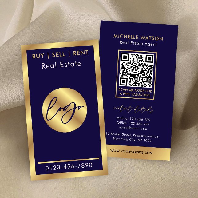 Carte De Visite Marine & Gold Logo Moderne Notaire Immobilier Code (Navy and gold real estate agent QR Code business cards)