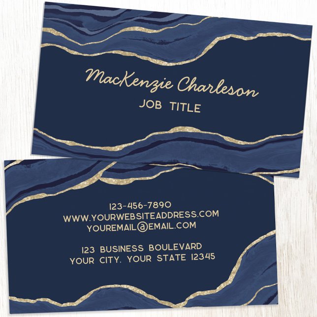 Carte De Visite Marine Marbre bleu Agate Parties scintillant or (Navy blue gold agate geode script font elegant business card)