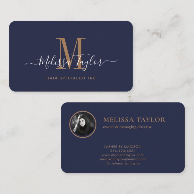 Carte De Visite Marine professionnelle moderne Blue Gold Signature (Devant / Derrière)