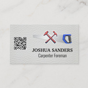 Carte De Visite Marteaux et scie   Cuir blanc   Code QR