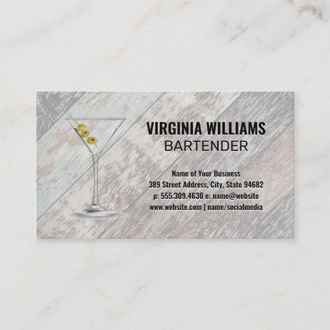 Carte De Visite Martini Glass | Arrière - plan de planches en bois (Devant)