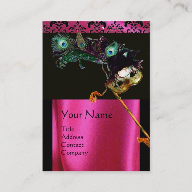 CARTE DE VISITE MASQUÉRADE ROSE NOIR FUCHSIA SOIE DAMASK CLOCHE (Devant)