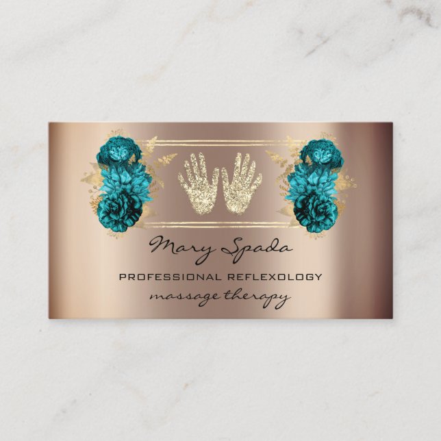 Carte De Visite Massage Réflexologie Reiki Mains Faux Or QR Turquo (Devant)
