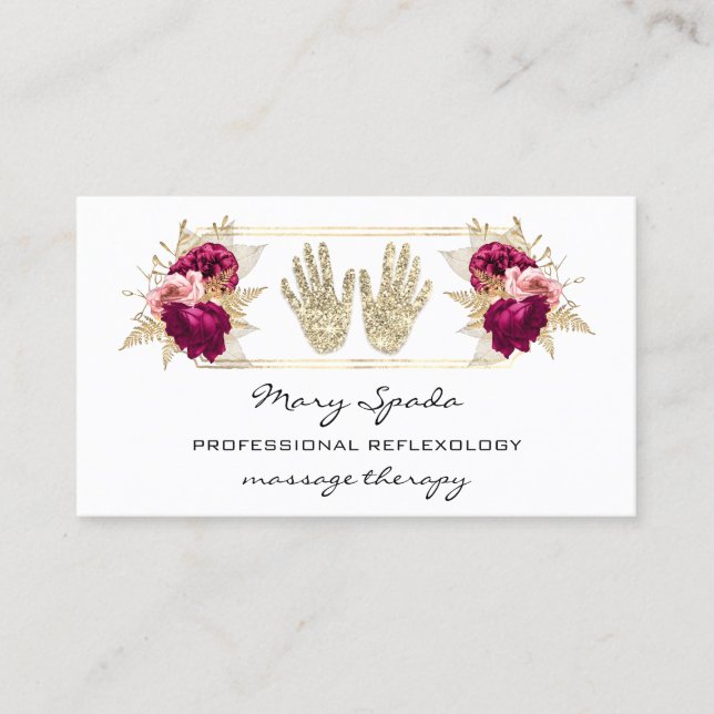 Carte De Visite Massage Réflexologie Reiki Mains Or QR Code rose (Devant)
