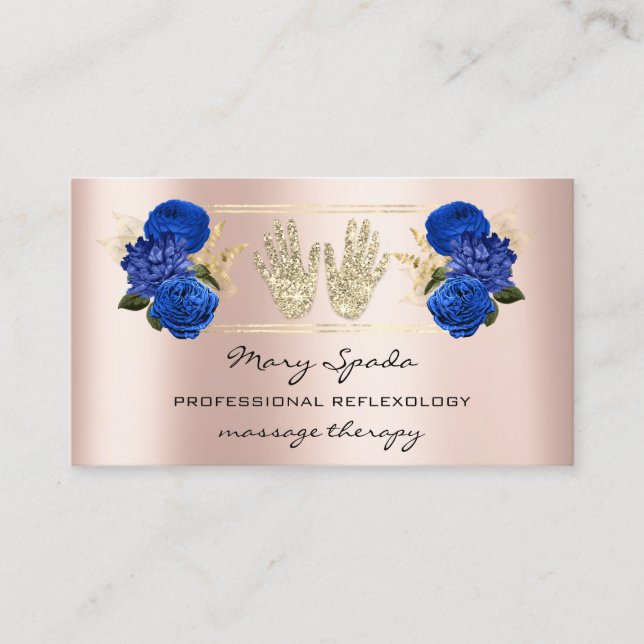Carte De Visite Massage Réflexologie Reiki Mains Rose Or QR Royal (Devant)