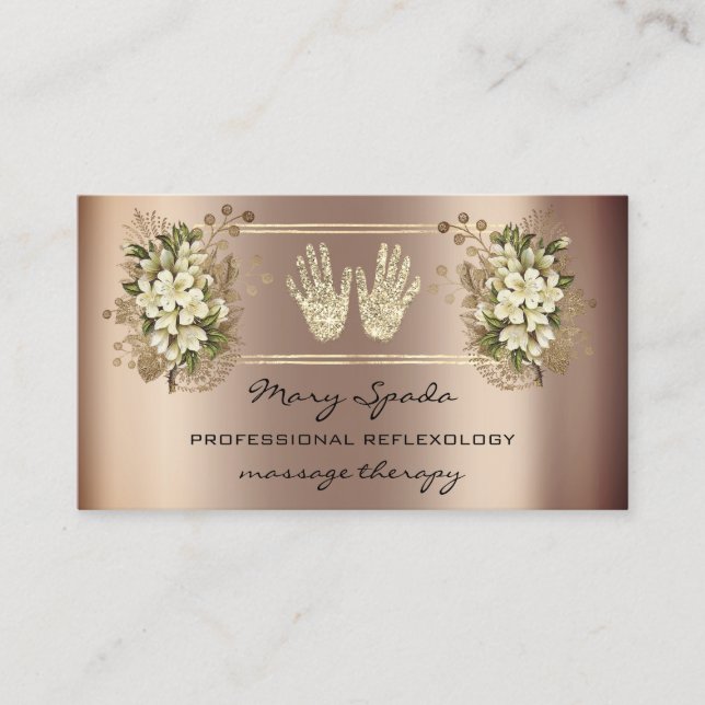 Carte De Visite Massage Réflexologie Reiki Mains Rose Or QRFloral (Devant)