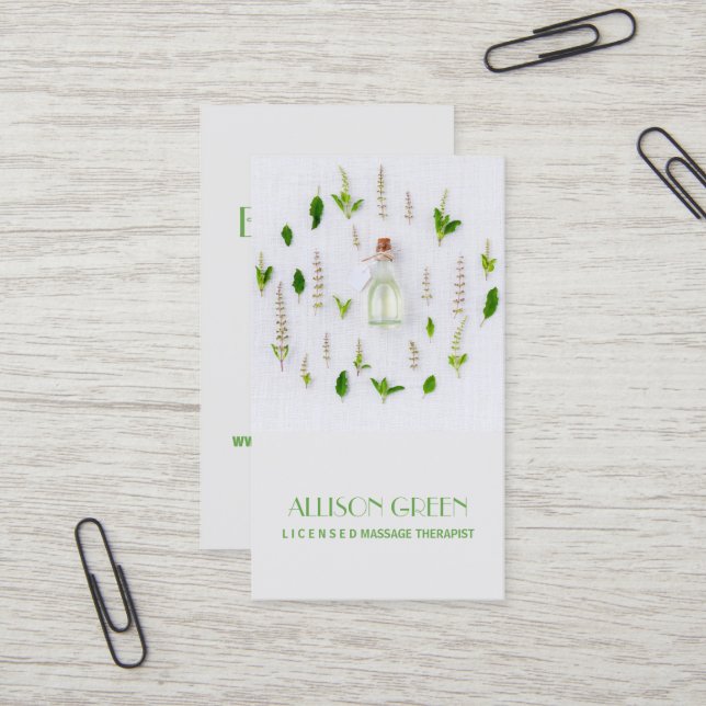 Carte De Visite Massage Thérapie Aromathérapie à l'huile essentiel (Devant/Arrière en situation)