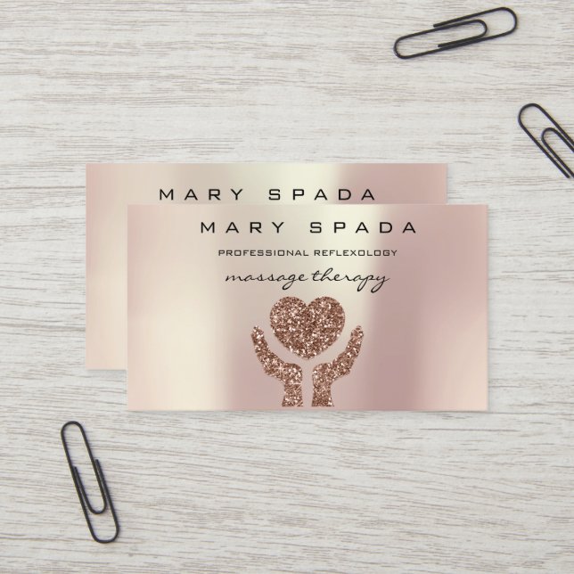 Carte De Visite Massage Thérapie Réflexologie Mains Reiki Rose Or (Devant/Arrière en situation)