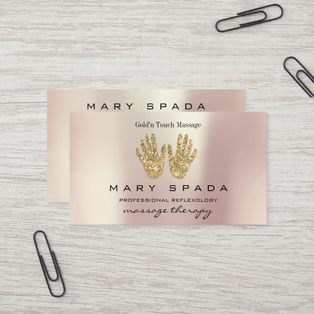 Carte De Visite Massage Thérapie Réflexologie Mains Reiki Rose Or2 (Devant/Arrière en situation)