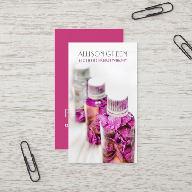 Carte De Visite Massage Thérapie Rose Essential Huile Aromathérapi (Devant/Arrière en situation)
