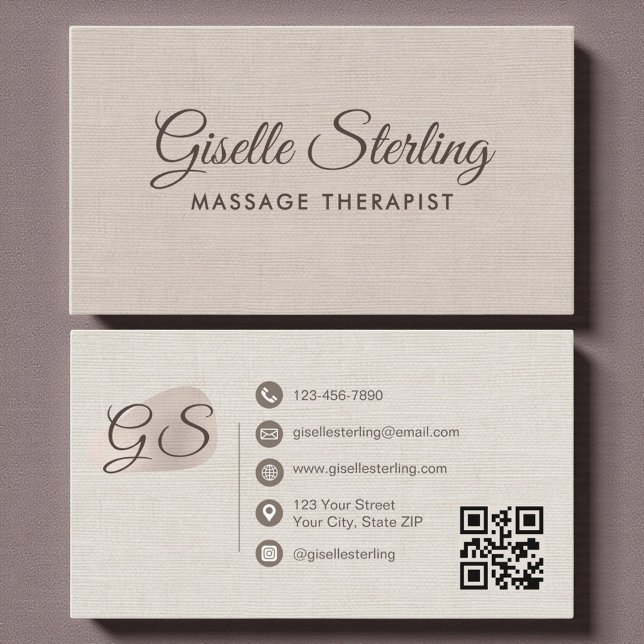 Carte De Visite Massage Therapist Beige Linen Elegant QR Code (Créateur téléchargé)