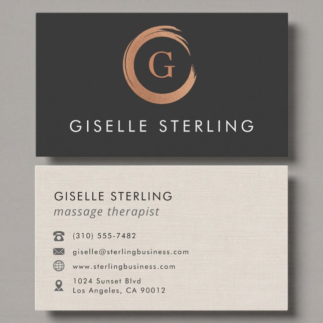 Carte De Visite Massage Therapist Monogram Metallic Rose Gold (Créateur téléchargé)