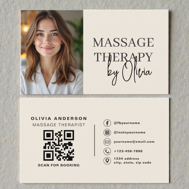Carte De Visite Massage Therapist Neutral Beige Photo QR Code (Créateur téléchargé)