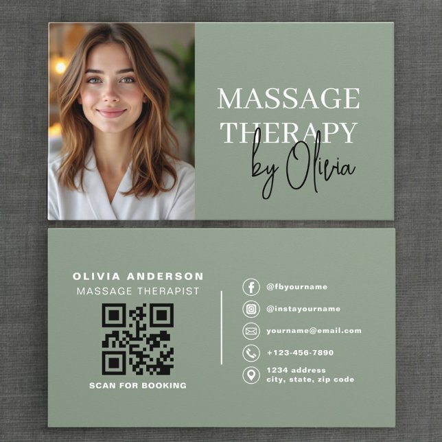 Carte De Visite Massage Therapist Photo Luxury Sage Green  (Créateur téléchargé)