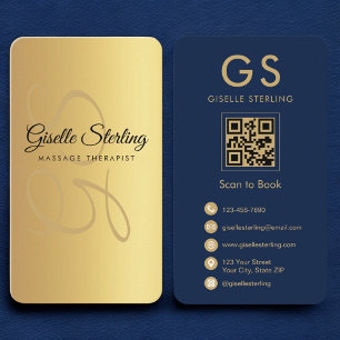Carte De Visite Massage Thérapiste Marine Blue Gold QR Code Monogr