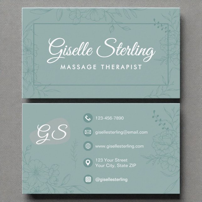 Carte De Visite Massage Thérapiste Turquoise Floral Line Art Scrip (Créateur téléchargé)