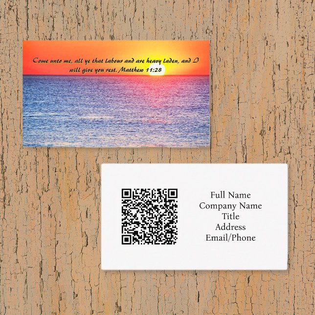 Carte De Visite Matthieu 11:28 Ocean Red Sunset code QR (Matthew 11:28 Ocean Red Sunset QR code Business Card)