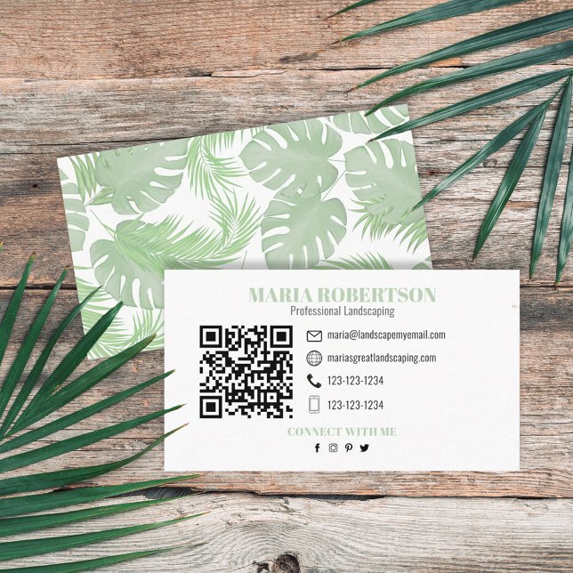 Carte De Visite Me connecter | QR Code Social Media Palm Feuilles (Créateur téléchargé)