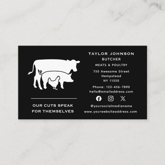 Carte De Visite Médias sociaux Boucher Viande Marché Vache porc po (Devant)