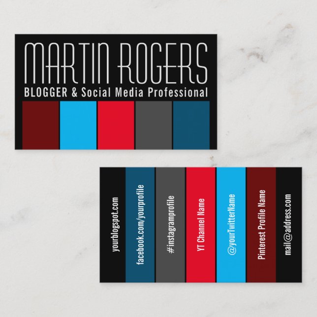 Carte De Visite Médias sociaux professionnel et style de blogger (Devant / Derrière)