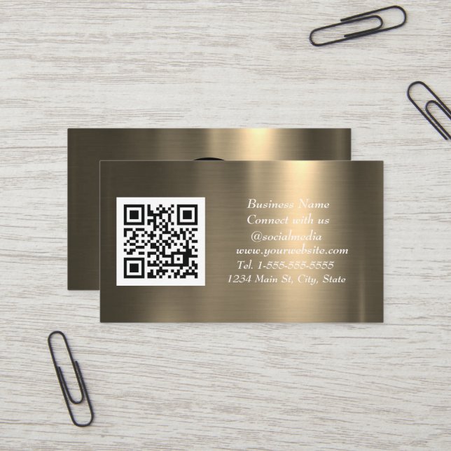 Carte De Visite Médias sociaux QR Code cuivre or métal (Devant/Arrière en situation)