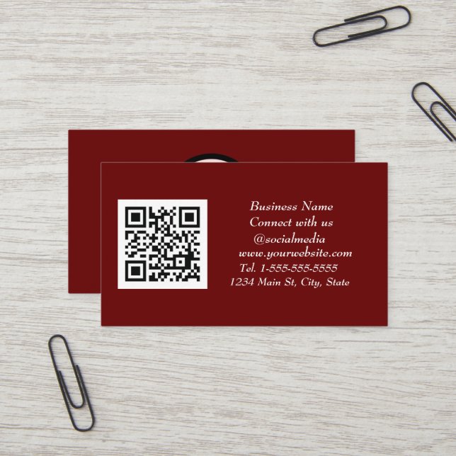 Carte De Visite Médias sociaux QR Code scanner Bourgogne Maroon (Devant/Arrière en situation)