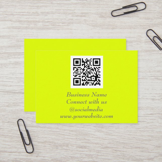 Carte De Visite Médias sociaux QR Code scanner Fluorescent Jaune (Devant/Arrière en situation)