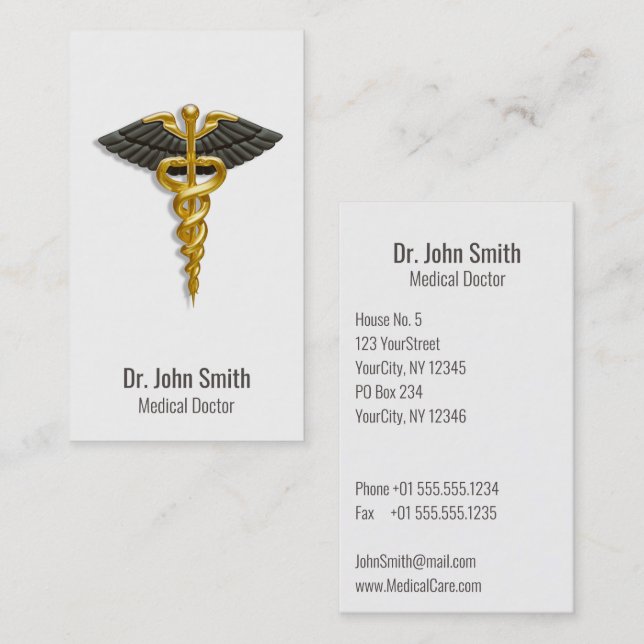 Carte De Visite Médicale Elegant Gold Caduceus Black Wings Classy (Devant / Derrière)