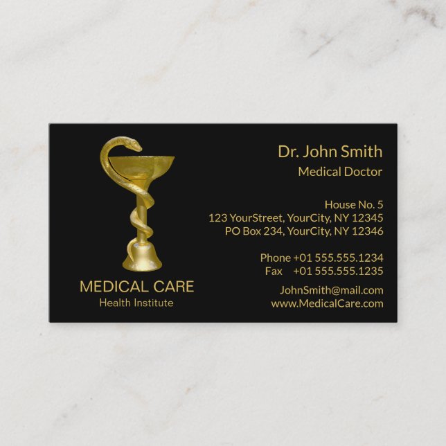Carte De Visite Médicale Snake Bowl Hygieia Gold Classy Caduceus (Devant)