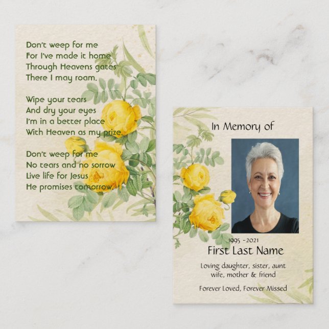 Carte De Visite Mémoire chrétienne Photo Roses jaunes Fleurs de ja (Devant / Derrière)
