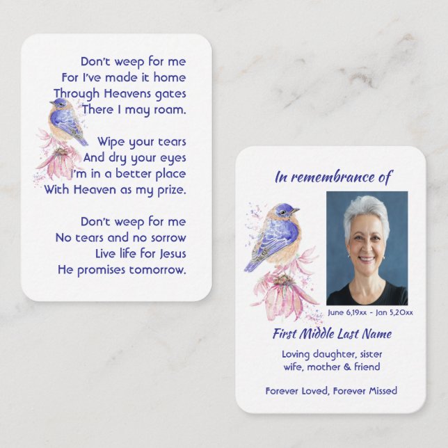 Carte De Visite Memorial Christian Poem Bluebird Garden Bird (Devant / Derrière)