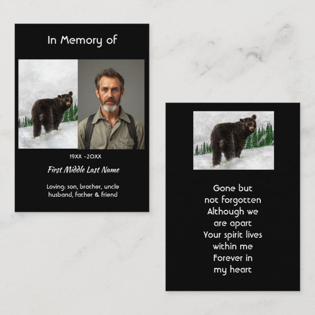 Carte De Visite Memorial Keepsake Black Bear Animal (Devant / Derrière)