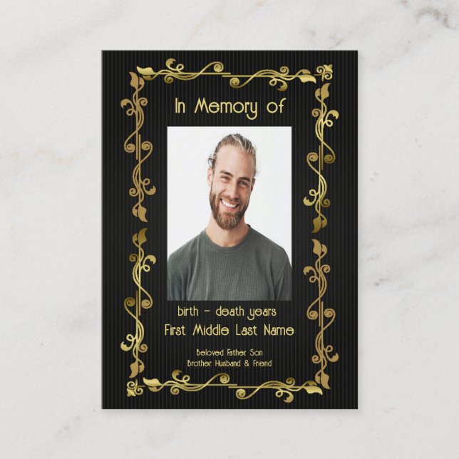 Carte De Visite Memorial Keepsaké classique moderne Black Gold (Devant)