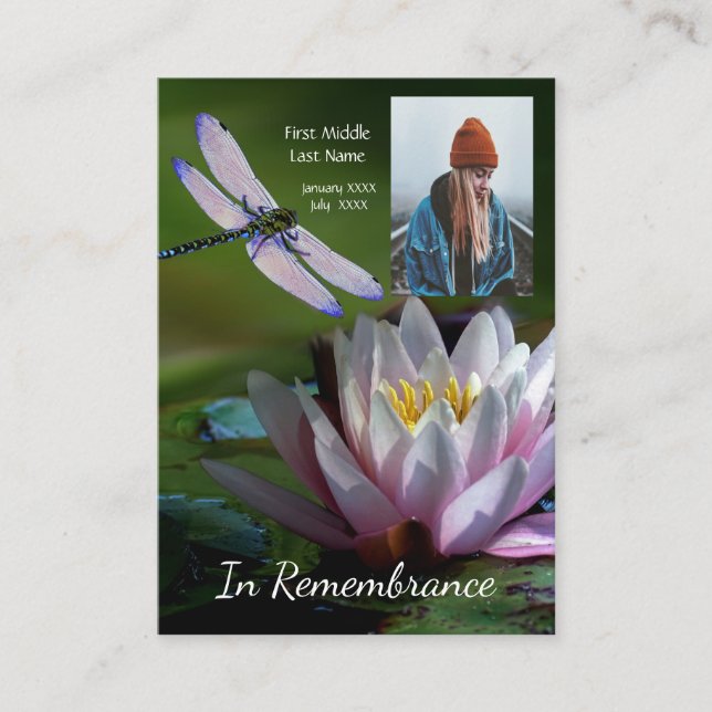 Carte De Visite Memorial Keepsaké Memorial Dragonfly Lotus Flower (Devant)