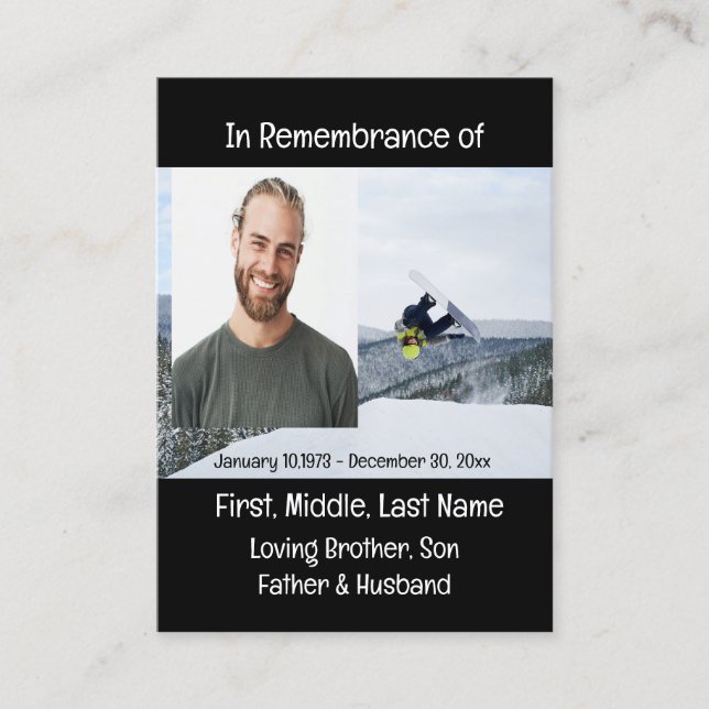 Carte De Visite Memorial Keepsaké Snow Boarding (Devant)