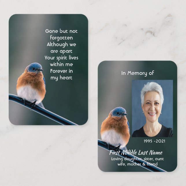 Carte De Visite Memorial Photo Prayer Bluebird Garden Bird  (Devant / Derrière)