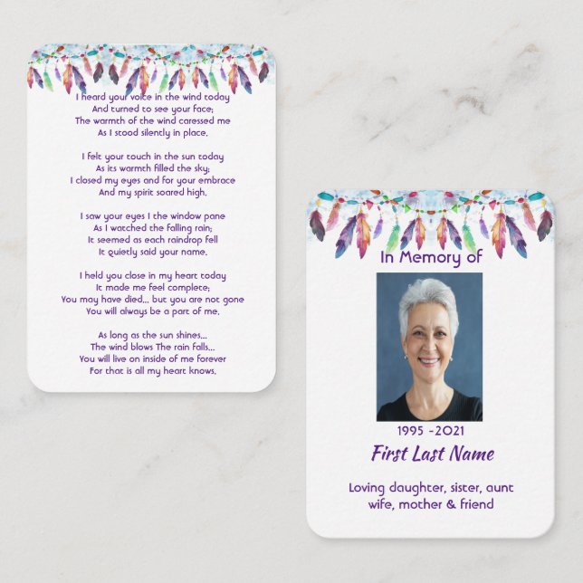 Carte De Visite Memorial Photo Prayer Feathers Boho Tribal Native (Devant / Derrière)
