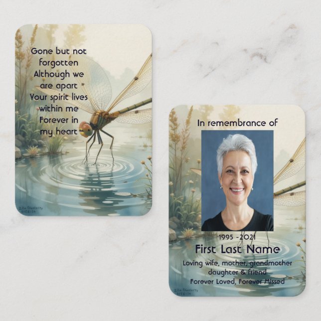 Carte De Visite Memorial Photo Prière Dragonfly Lac paisible (Devant / Derrière)
