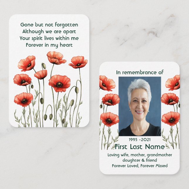 Carte De Visite Memorial Photo Prière Poppy Garden Fleur Flora (Devant / Derrière)