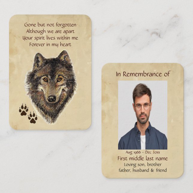 Carte De Visite Memorial Poche Keepsaké Wolf Wolf Wolf Animal (Devant / Derrière)