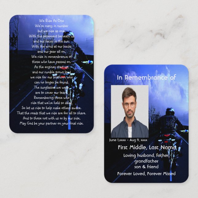 Carte De Visite Memorial Pocket Keepsaké Motorcycle (Devant / Derrière)