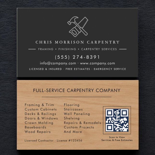 Carte De Visite Menuiserie Charpentier Bois Code QR Moderne (Créateur téléchargé)