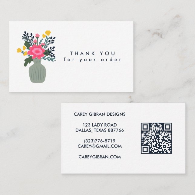 Carte De Visite Merci de commande de code QR VASE FLOWER personnal (Devant / Derrière)
