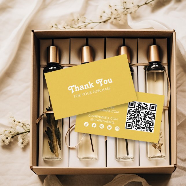 Carte De Visite Merci de commande de moutarde chic chic fantaisie (Mustard yellow thank you business cards with social icons and QR code)