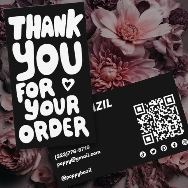 Carte De Visite Merci pour commander des icônes sociales QR Code B (Perfect card to include with customer orders to thank them for their purchase. Handletteting, B&W QR)