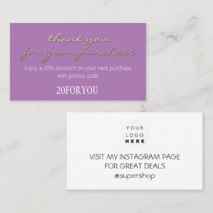 Carte De Visite Merci POUR L'ACHAT Code remise Purple Gold